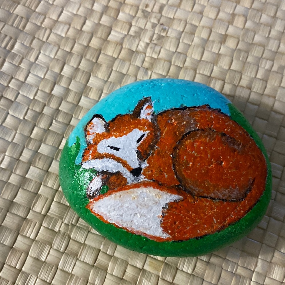 Hand painted Sleeping  Fox Rock 3.5” x 3”